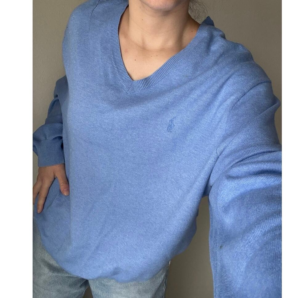 Ralph Lauren Polo Golf blue V-Neck Sweater Preppy Collegiate fisherman academia